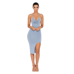 Round The Twist Double Layered Thigh Split Dress in Blue