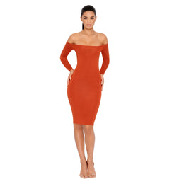 Bare Enough Off The Shoulder Double Layered Midi Dress in Copper