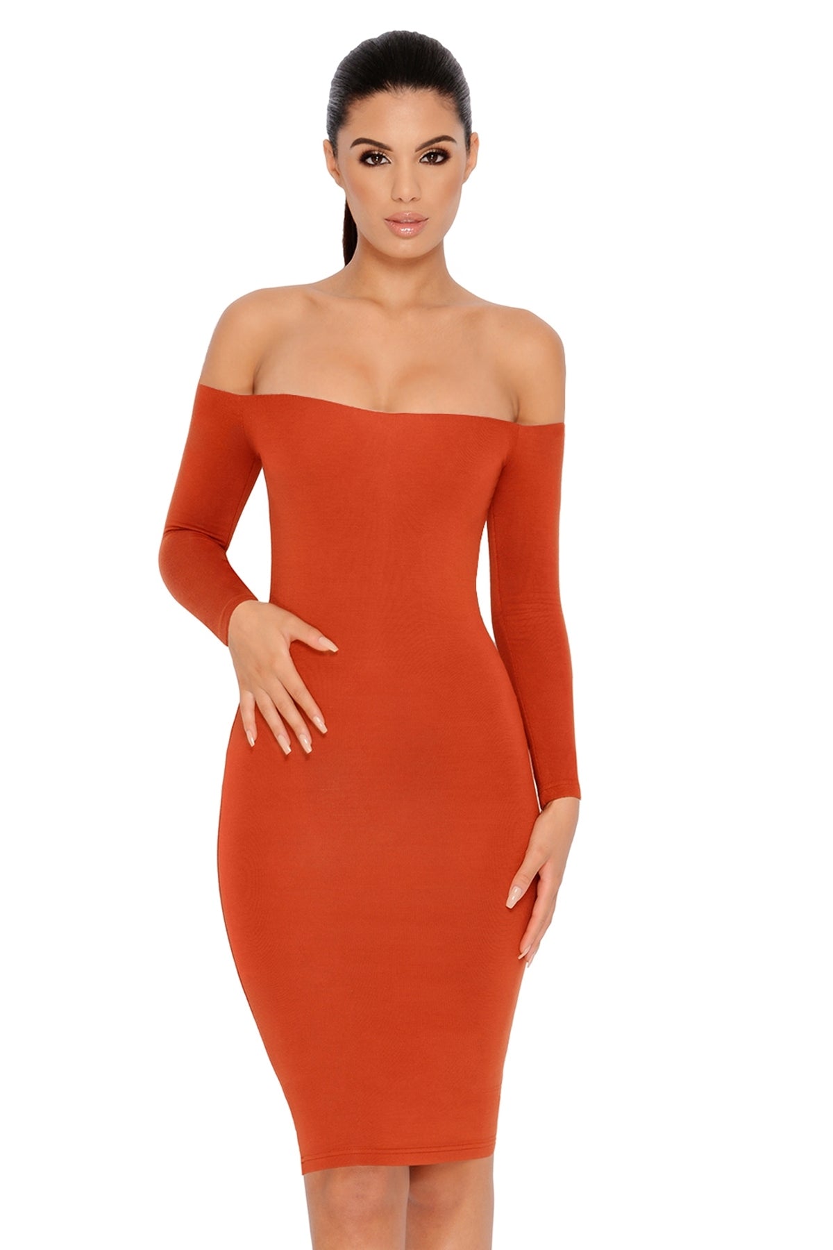 Bare Enough Off The Shoulder Double Layered Midi Dress in Copper