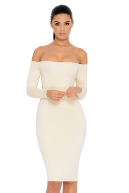 Bare Enough Off The Shoulder Double Layered Midi Dress in Ivory