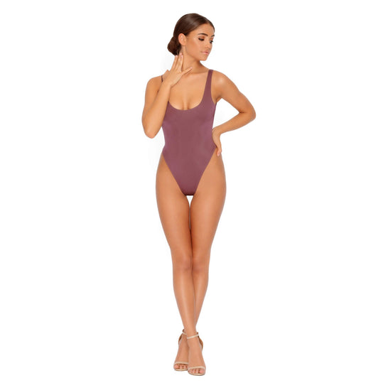 Rise And Shine Low-Back High Leg Swimsuit in Plum