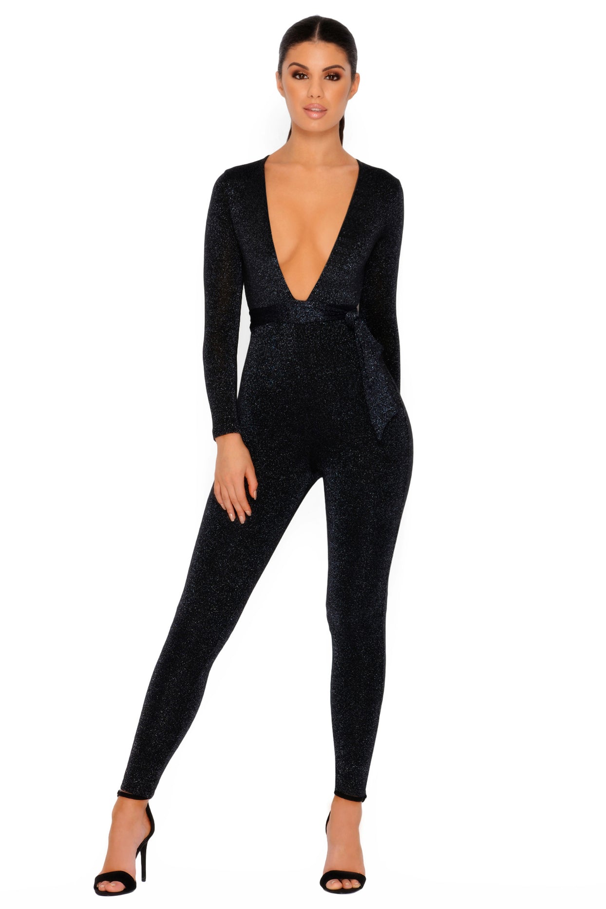 Glisten Closely Metallic Knit Belted Jumpsuit in Black