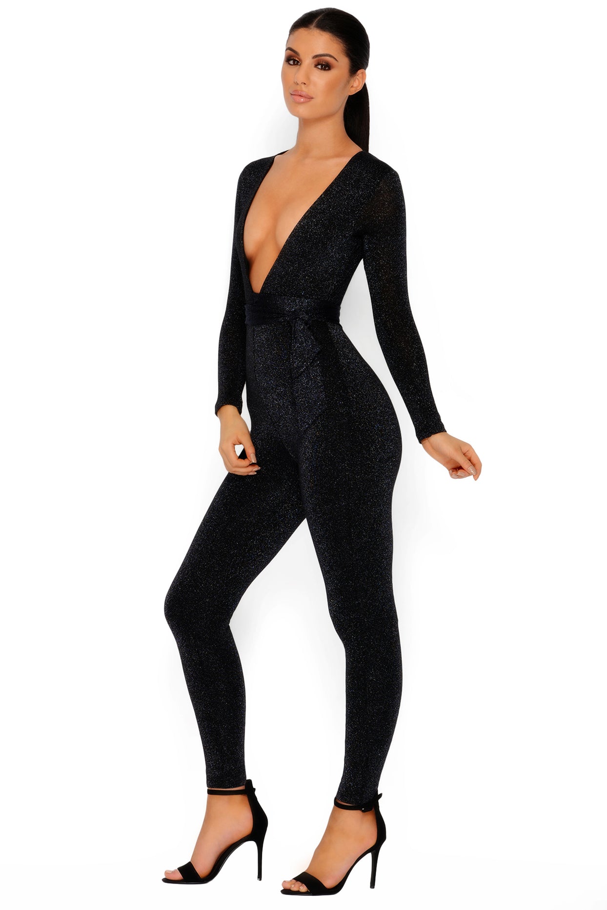 Glisten Closely Metallic Knit Belted Jumpsuit in Black