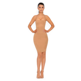 Get Your Smooth On Knee Length Satin Dress in Tan