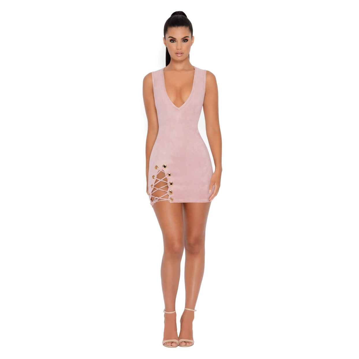 Thigh And Mighty Plunge Suede Mini Dress in Mauve
