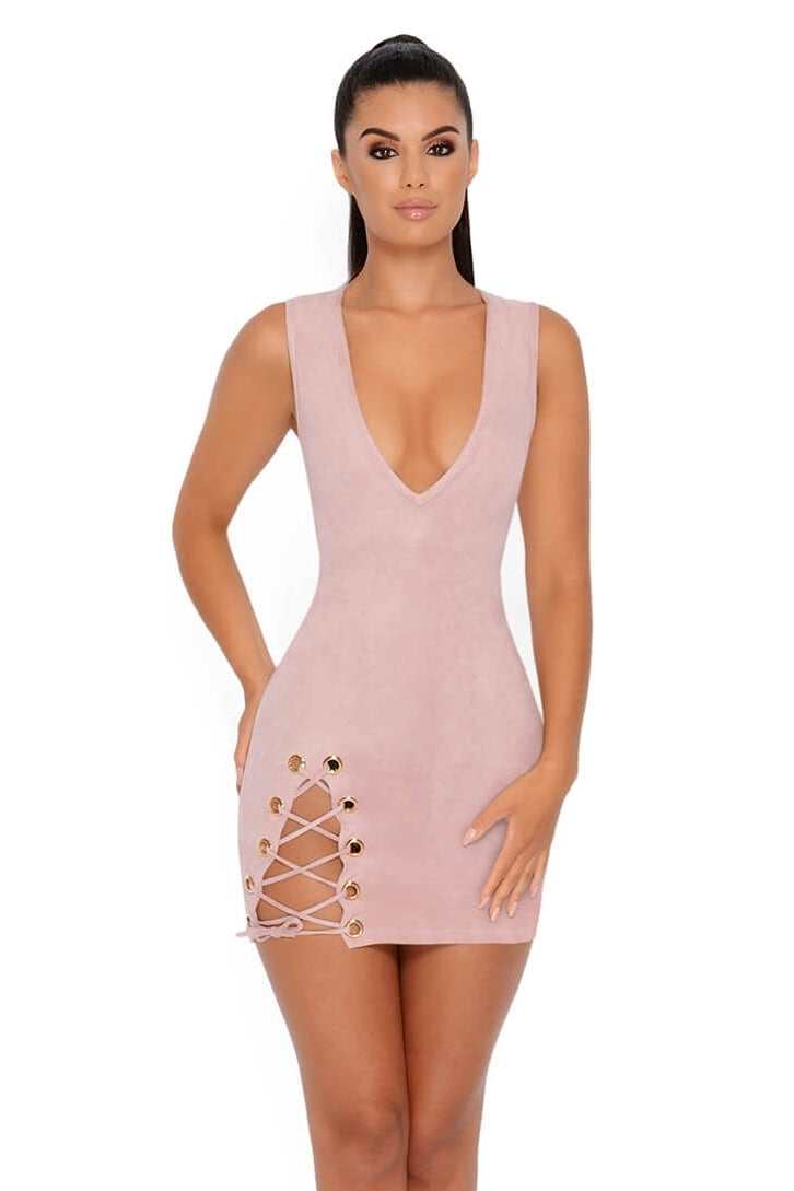 Thigh And Mighty Plunge Suede Mini Dress in Mauve