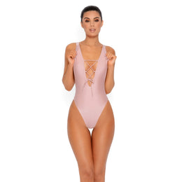 All Tied Up Lace Front High Leg Swimsuit in Blush Mauve