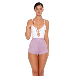 Soft Focus High Waisted Suedette Hot Pant Shorts in Lilac
