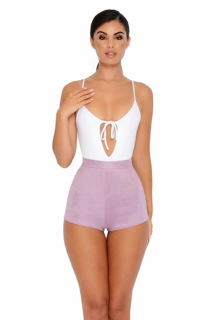 Soft Focus High Waisted Suedette Hot Pant Shorts in Lilac