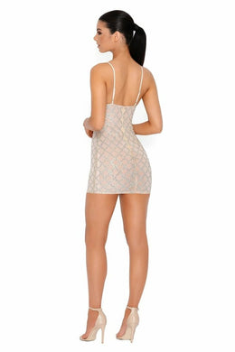 Shimmer And Shake Embellished Lattice Mini Dress in Nude