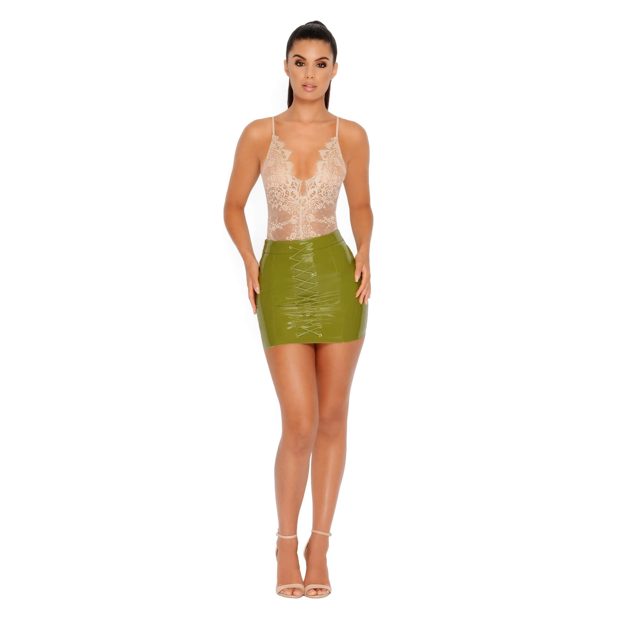 Of Corset Lace Up Vinyl Mini Skirt in Kale