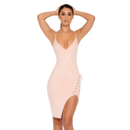 Won't Tie Me Down Suede Knee Length Dress in Blush