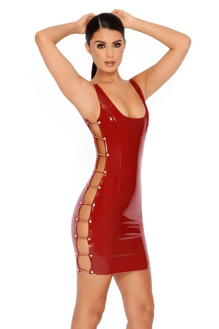 Chain Me Down Cut Out Vinyl Mini Dress in Red