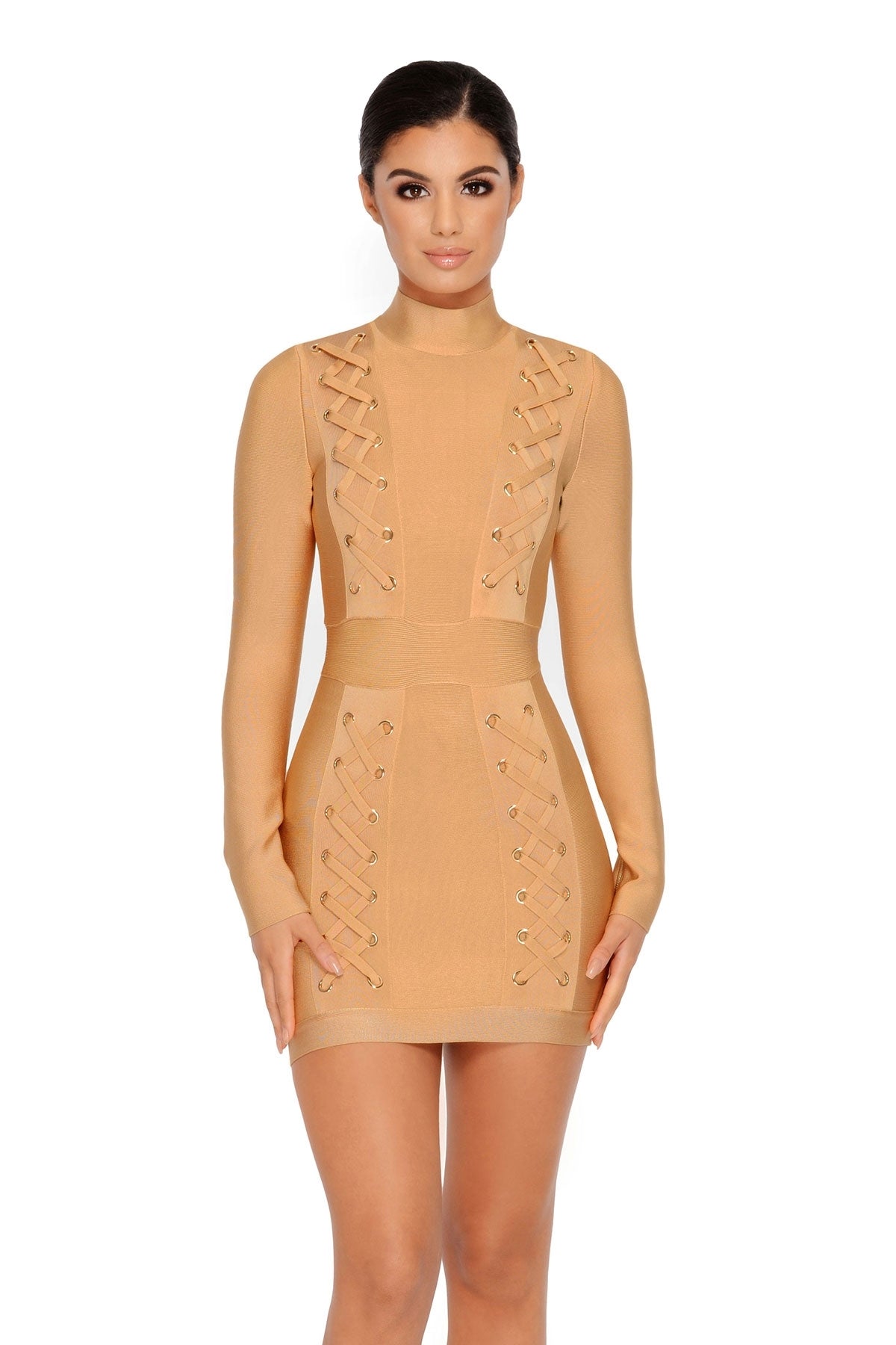 Shout Out To My X High Neck Bandage Mini Dress in Caramel