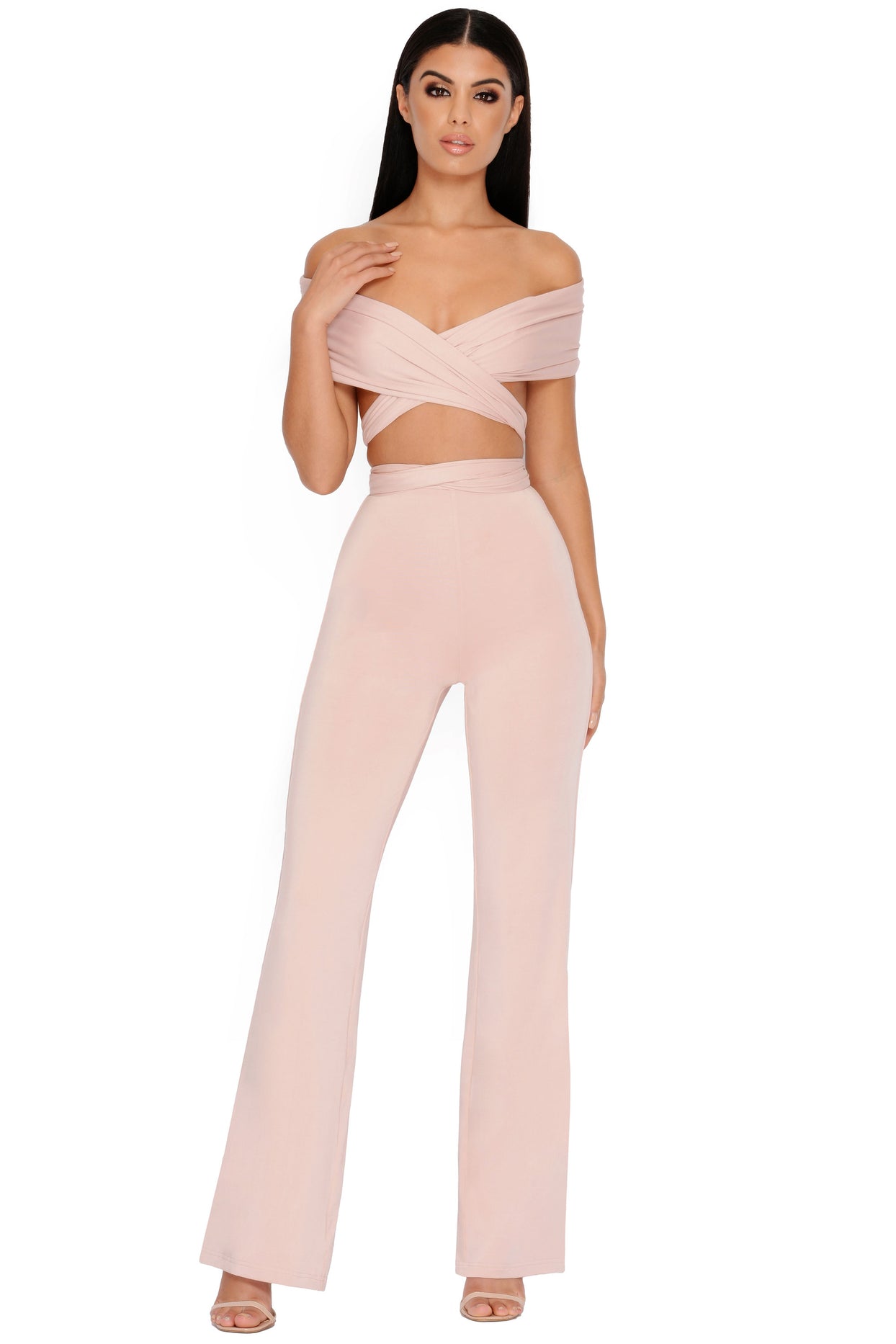 Late Night Ruche Off Shoulder Wrap Top in Blush