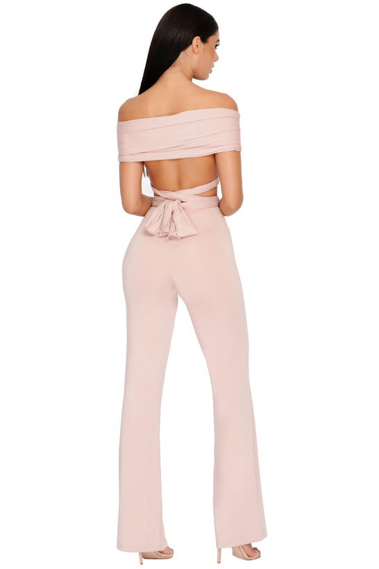Late Night Ruche Off Shoulder Wrap Top in Blush