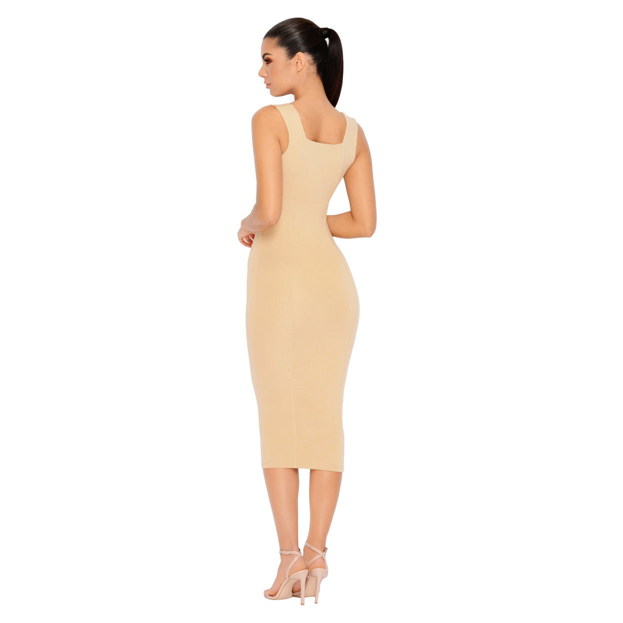 Hip To Be Square Double Layered Midi Dress in Beige