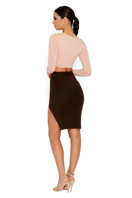 Thigh As A Kite Knee Length Thigh Split Skirt in Brown