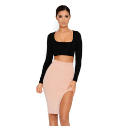 Thigh As A Kite Knee Length Thigh Split Skirt in Nude