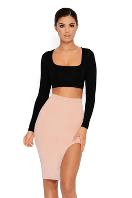 Thigh As A Kite Knee Length Thigh Split Skirt in Nude