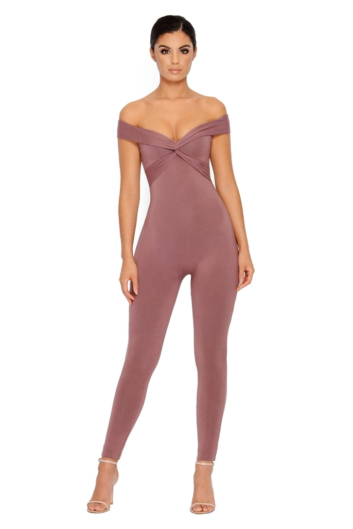 Smooth In For The Kill Off The Shoulder Jumpsuit in Dark Mauve