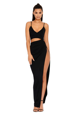 Opening Night Cut Out Thigh Split Maxi Dress in Black