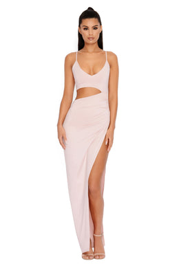 Opening Night Cut Out Thigh Split Maxi Dress in Blush