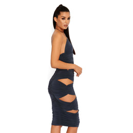 Side Piece Ruched Cut Out Midi Dress in Grey