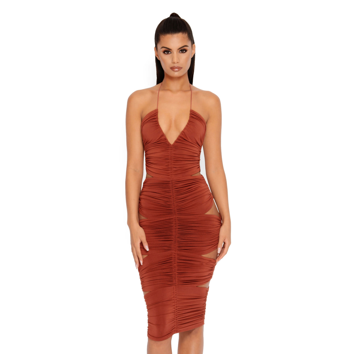 Side Piece Ruched Cut Out Midi Dress in Rust