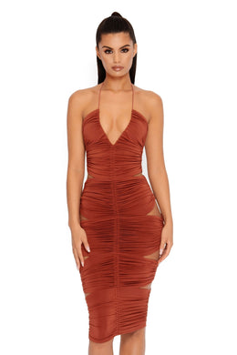 Side Piece Ruched Cut Out Midi Dress in Rust