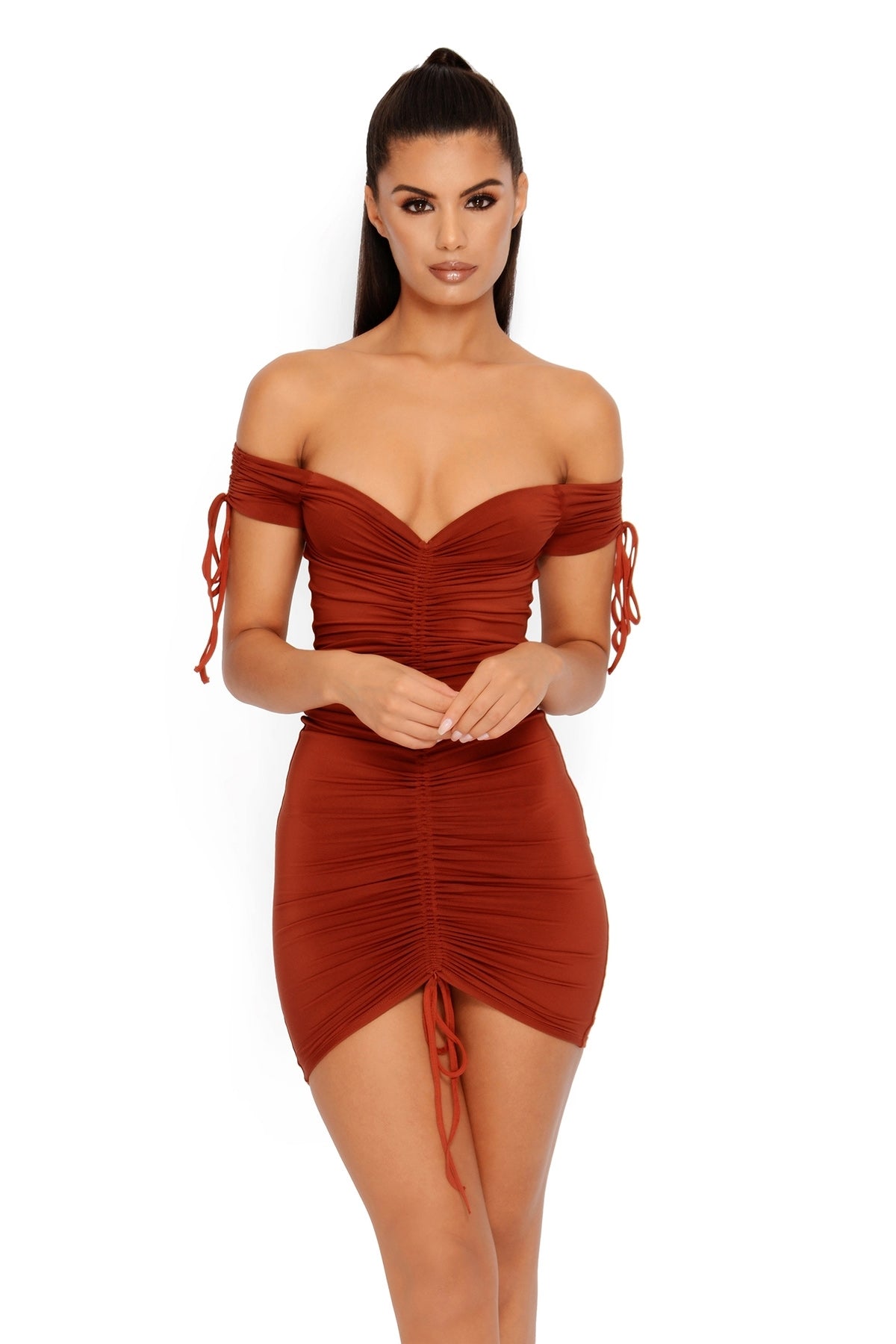 Pull On My Heartstrings Ruched Bardot Mini Dress in Rust
