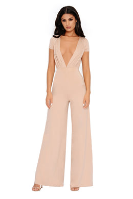 Sleeve It To Me Extreme Plunge Wide Leg Jumpsuit in Frappe