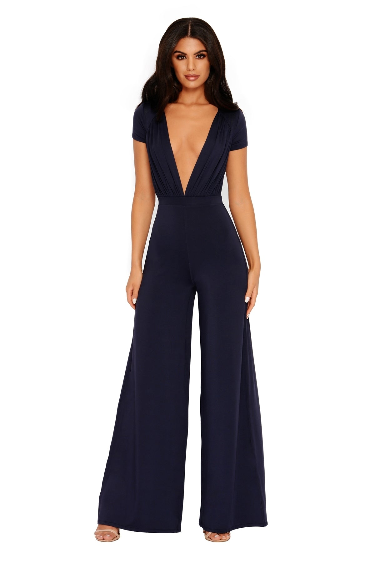 PETITE Sleeve It To Me Extreme Plunge Wide Leg Jumpsuit in Navy