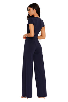 Sleeve It To Me Extreme Plunge Wide Leg Jumpsuit in Navy