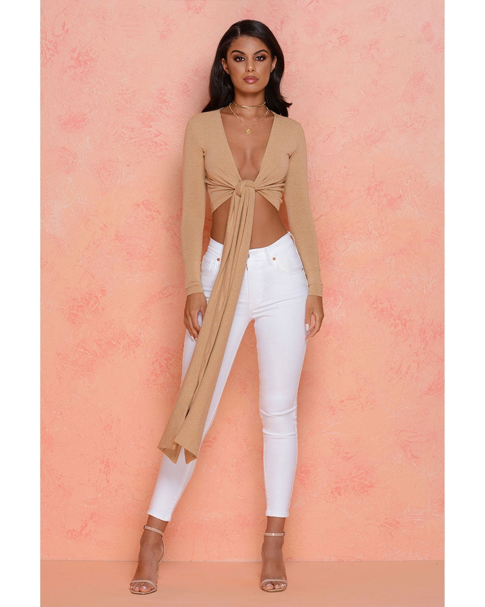 Self Centered Long Sleeve Plunge Tie Front Top in Beige