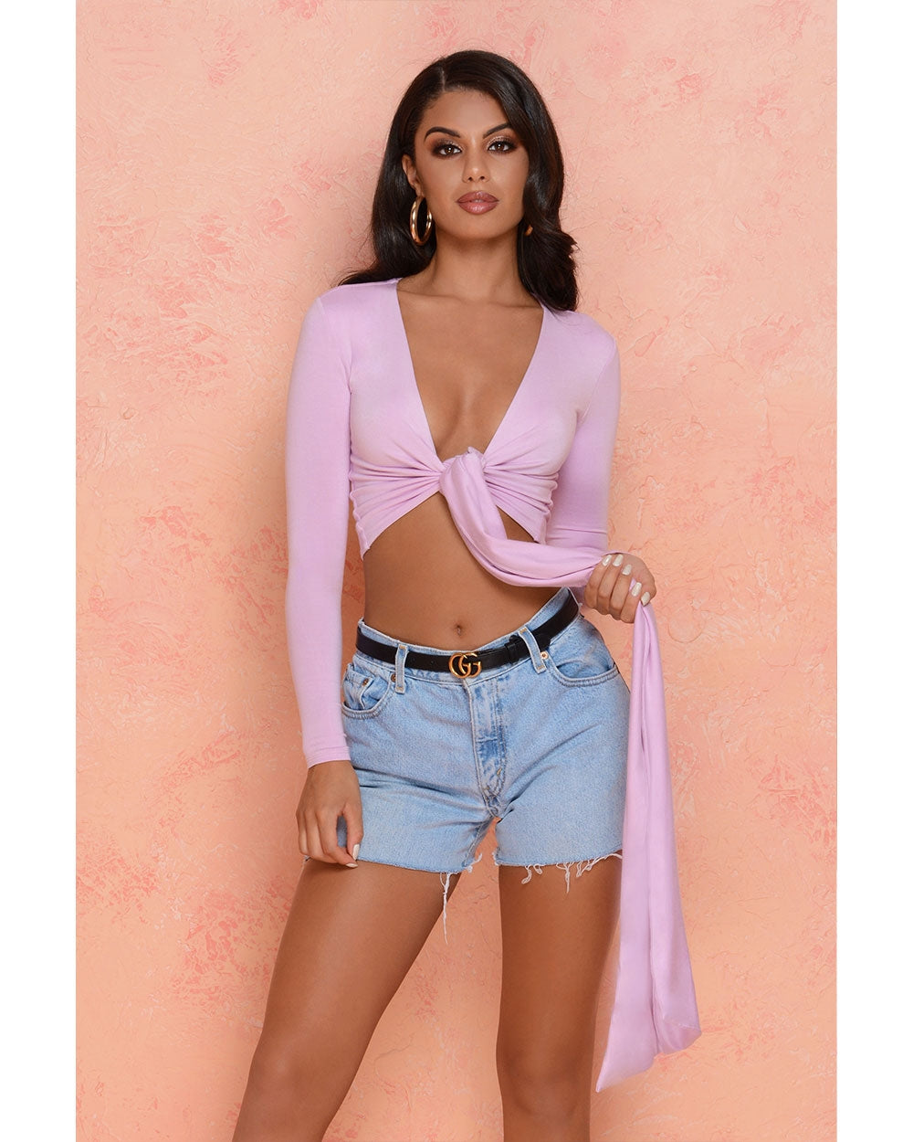 Self Centered Long Sleeve Plunge Tie Front Top in Lilac