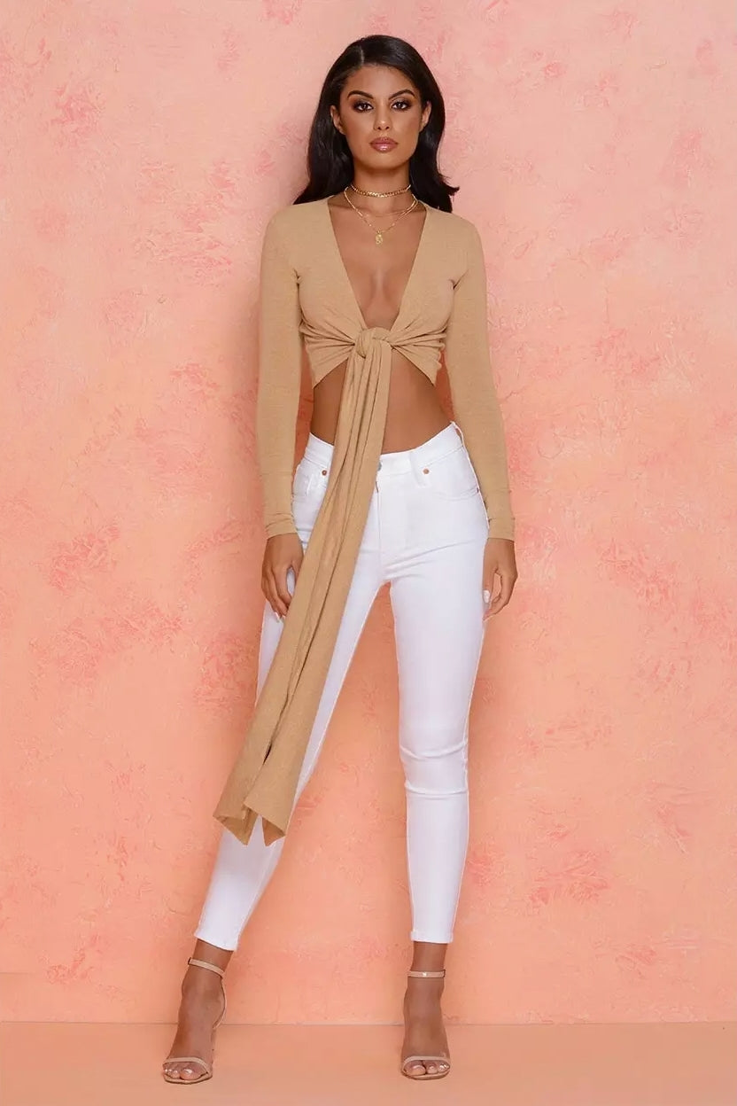 Self Centered Long Sleeve Plunge Tie Front Top in Beige