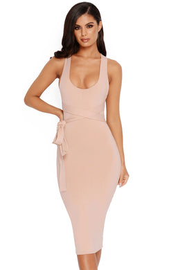 Bow All Out Tie Belt Double Layered Midi Dress in Blush