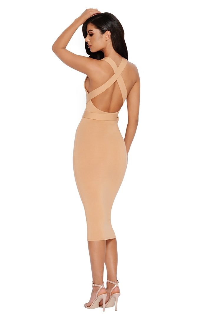 Bow All Out Tie Belt Double Layered Midi Dress in Tan