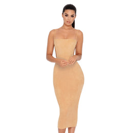 Time For Payback Suede Strappy Midi Dress in Butter Beige