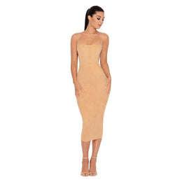 Time For Payback Suede Strappy Midi Dress in Butter Beige