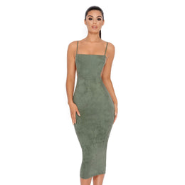 Time For Payback Suede Strappy Midi Dress in Khaki