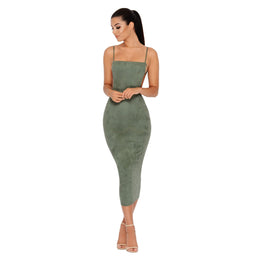 Time For Payback Suede Strappy Midi Dress in Khaki