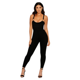 All In One Suede Plunge Ankle Length Jumpsuit in Black