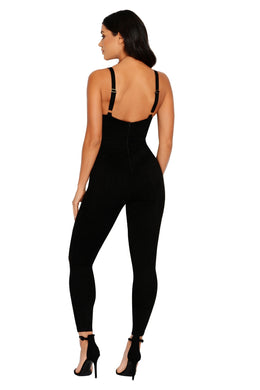 All In One Suede Plunge Ankle Length Jumpsuit in Black