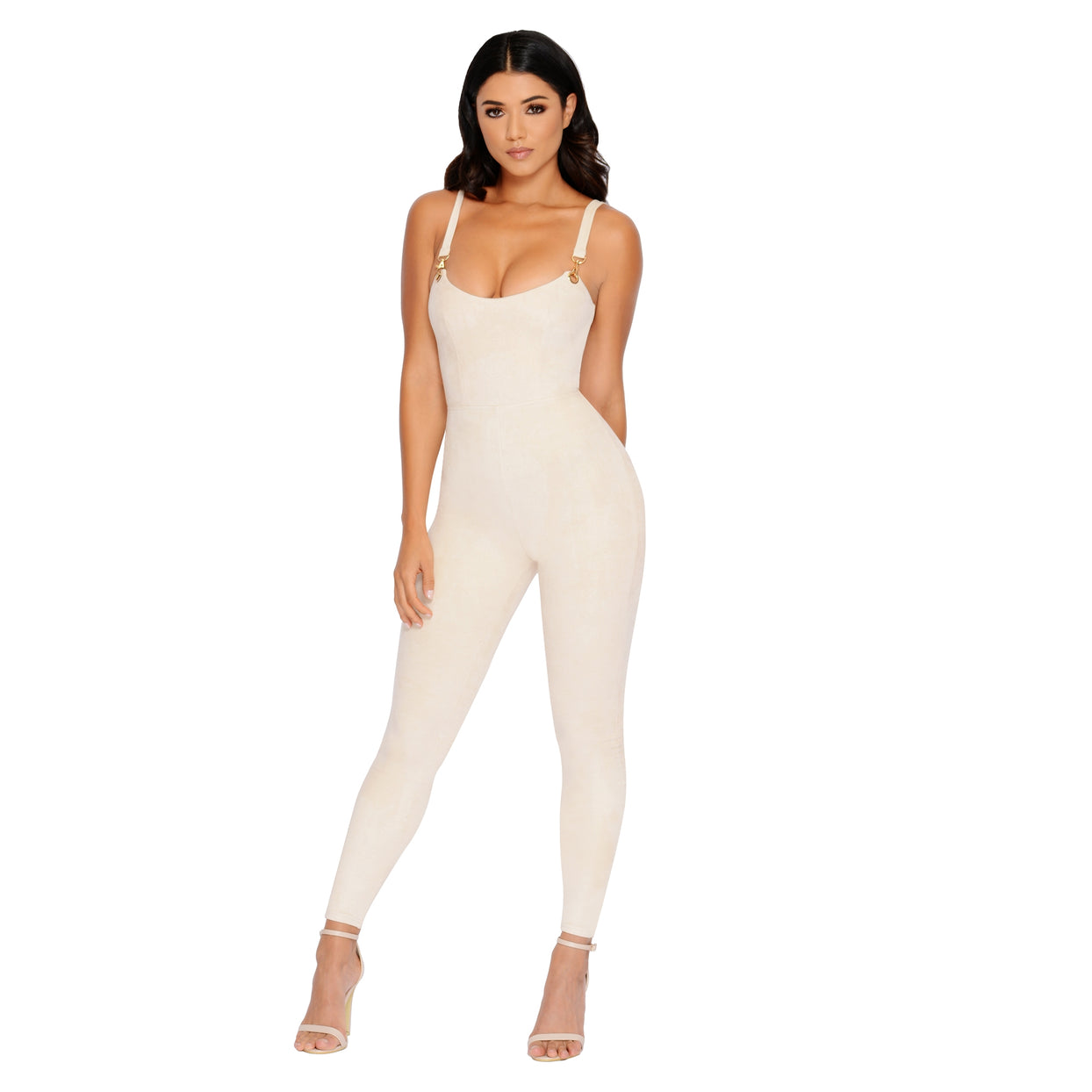 All In One Suede Plunge Ankle Length Jumpsuit in Cream