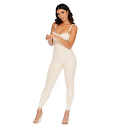 All In One Suede Plunge Ankle Length Jumpsuit in Cream