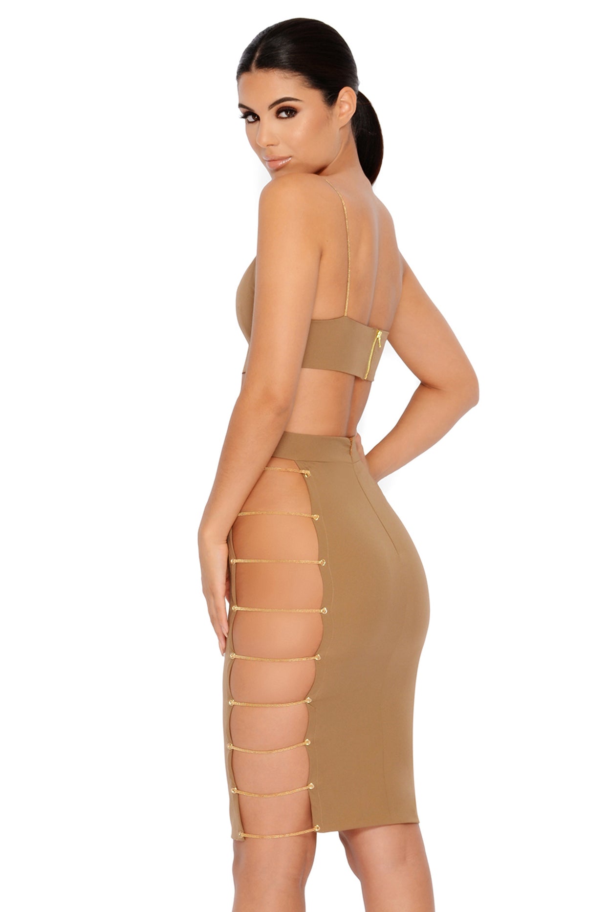 Strappy Go Lucky Cut Out Chain Skirt in Mocha