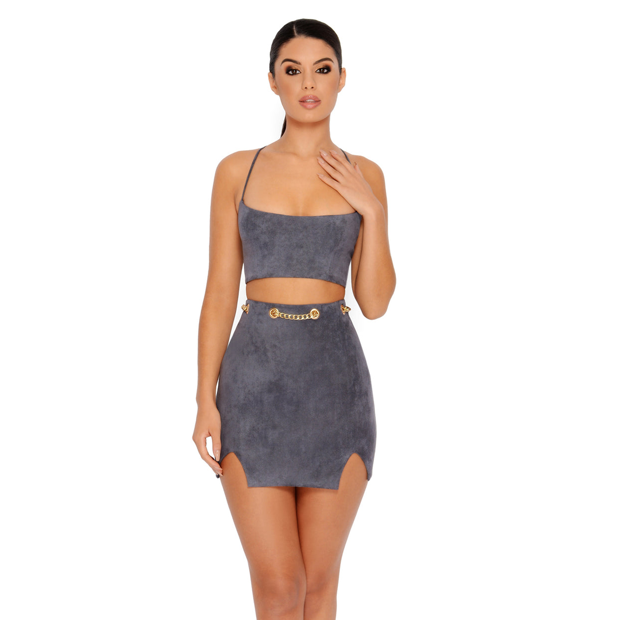 Chain Reaction Suede Mini Skirt in Grey