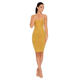 In The Firing Line Suede Bustier Knee Length Dress in Mustard